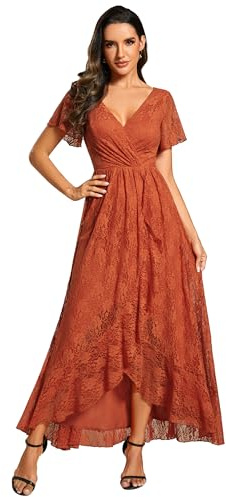 Ever-Pretty Robe Demoiselle d'honneur Femme Longue Asymétrique Dentelle Manches Courtes Col V Fluide Chic EE01489