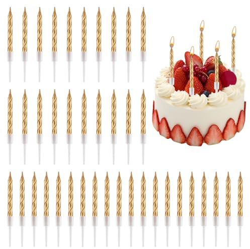 50 Velas de Cumpleaños Metálicas Dorado Champagne de 7.2cm para Pastel, Incluye Soportes de Plastico, Perfectas para Decoración de Fiestas, Bodas, Aniversarios, Elegantes y Biodegradable