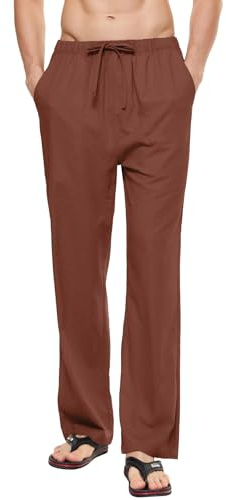 YuKaiChen White Linen Trousers Mens Cotton Casual Beach Lightweight Loose Fit Natural Yoga Pants with Elastic Waistband Brown 2XL