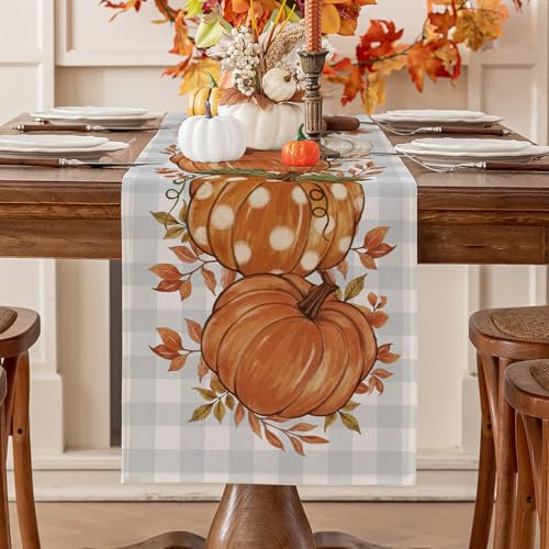 Romanstile Autumn Table Runner Modern Blue Checked Table Runner with Pumpkin Pattern Linen Table Runner Water-Repellent Halloween 40 x 140 cm for Outdoor Wedding Birthday Party Holiday Decoration