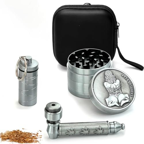 SLEGE Set Pipa e Grinder in metallo,Grinder per erbe φ 50mm 4 pezzi, kit Grinder per Spezie,Macina polline,Barattolo con cucchiaio Retrattile,Macinino in metallo,Macinino per spezie,Sortatile viaggio