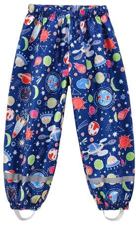 Diorshark Pantalon de Pluie Imperméable pour Enfant Pantalon de Boue Bleu Planète Léger Séchage Rapide Coupe-Vent Réfléchissant Non Doublé Surpantalon Vélo Trekking Course à Pied pour Garcon 6-7 Ans