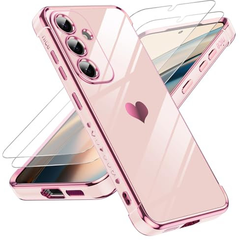 LeYi Funda para Samsung Galaxy S25/S 25, Silicona Carcasa con 2pcs Cristal Templado, Corazón Amor Mujer Estuche Protector Galvanizado Suave TPU Bumper Resistente Antigolpes Móvil Case, Rosa