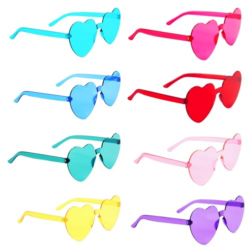 Tunejoy Lunettes de Soleil en Forme de Coeur 8 Paires Lunettes Fête en Forme de Cœur Multicolores Lunettes Transparentes Sans Monture pour Femmes Hommes pour Plage de Fête D'été