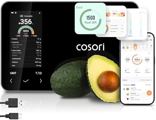 Cosori Smart Food Kitchen Scale with Nutritional Calculator, Free App for AI Scan, Calorie & Macro Tracking, Food Preload, On-Screen Nutrient Info, Personal Goals, Rechargeable, 11 lb / 5 kg