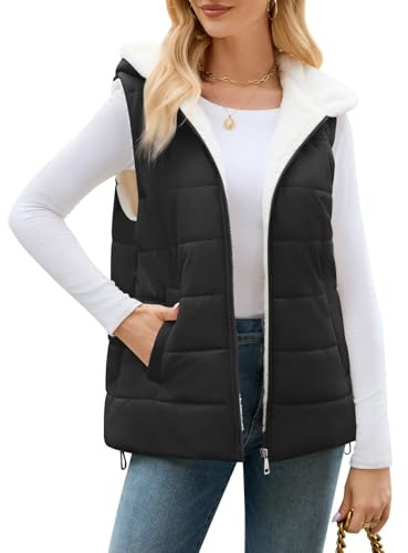 CMTOP Chaleco Mujer Invierno Cálidos Sin Mangas Abrigo de Forro Polar Casual Chaqueta con Capucha Ligero Cremallera Gilet Otoño Exteriores Outwear con Bolsillos(Negro, M)