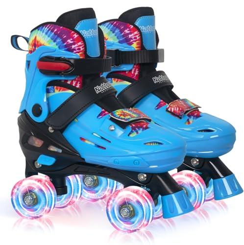 Nattork Kids Roller Skates for Boys Girls, 4 Size Adjustable Quad Skates for Youth Teenagers Age 10 11 12, with All Light up Wheels - Birthday Gift for Indoor Outdoor Sports(Blue)