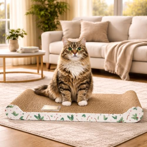 Almineez Cat Scratching Board with Catnip – Reversible Corrugated Cardboard Scratch Pad for Indoor Cats, Furniture Protector & Lounger – Durable Holiday Design Cat Scratcher