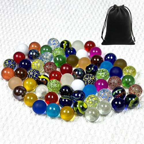 daqoupzi Lot de 70 billes en verre (16 mm x 60 – Petites couleurs avec motifs + 16 mm x 10 transparents sans motif), sacs de rangement pour boules de verre, mélange de billes colorées en verre pour