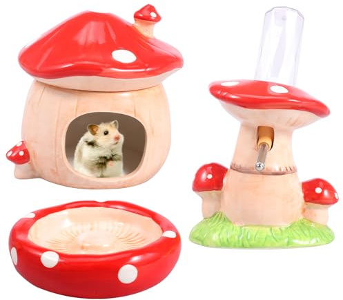 4Pcs Ceramic Hamster Hideout Set, Cute Mushroom Small Animal House, Food Bowl & Water Bottle Stand with 80ml Bottle, Chew-Proof Cage Accessories for Mice, Gerbils & Guinea Pigs