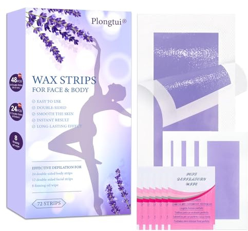 72PCS At Home Wax Strips for Hair Removal, 48 Body + 24 Face Wax Strips with 8 Calming Oil Wipes, Hypoallergenic for All Skin Types, Waxing Kit for Women & Men - Legs, Arms, Bikini, Brazilian, Back