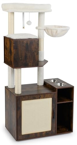 GOPLUS Mueble para Arena de Gatos, Árbol Rascador para Gatitos con Caseta, Hamaca, Casita Escondida, Palo de Sisal, 2 Comederos, Rascadores y Pelotas, Armario Moderno para Gatos de Interior (Marrón)