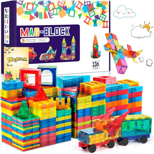 JUQG 136Pcs Giocattoli da Costruzione Magnetici, Set di Costruzioni Giocattolo Magnetiche, Giocattoli Educativi da Costruzione, Regalo Giocattolo Magnetico per 3+ Ragazzi e Ragazze (136Pcs)