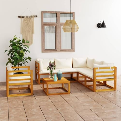 Hem 7 delar. Trädgårdsloungeset med dynor, gräddfärgat massivt trä, akacia, trädgårdssoffa, balkongmöbelset, trädgårdsmöbler set underhållningsset, balkong soffa lounge, lämplig för trädgårdar