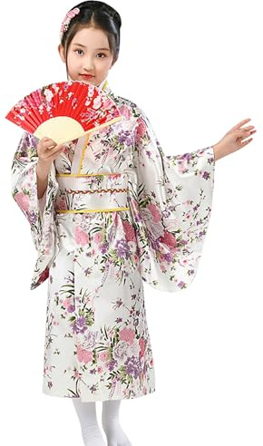 Modaworld Vestito Bambina Fioro Costume Giapponese per Bambini Kimono per Ragazze Abiti Tradizionali per Bambini Geisha Abito e Gonna Carnevale Abbigliamento 12 Anni Ragazza