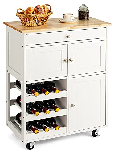 COSTWAY Carrello da Cucina, con Portabottiglie Tre Ante e Ruote, Credenza Cucina in Legno di Pino e MDF, Ideale per Soggiorno, 67 x 37 x 86 cm (Bianco)