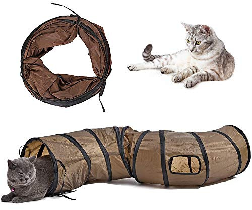 Andiker Cat Tunnel, S-Shape Cat Tube Collapsible Kitten Play Toy with 2 Side Holes for Kitten Exercising Hiding Training and Running Cats Toy for Indoor Cats(Brown)