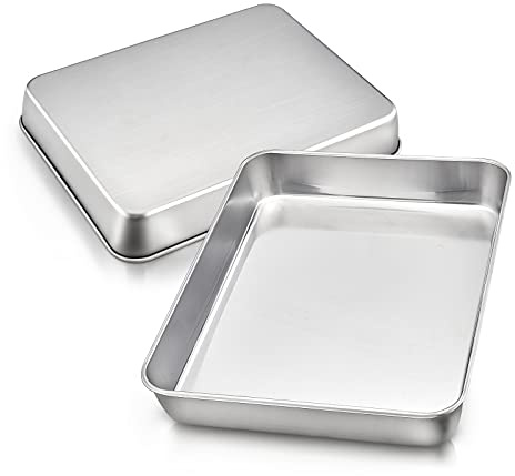 HaWare Small Oven Tray Set of 2, Baking Sheet Pans Stainless Steel Rectangle Cake Tins, Deep Roasting Pans for Brownie/Lasagna, 23.8 x 18 x 5cm, Healthy & Durable, Brushed Finished& Dishwasher Safe