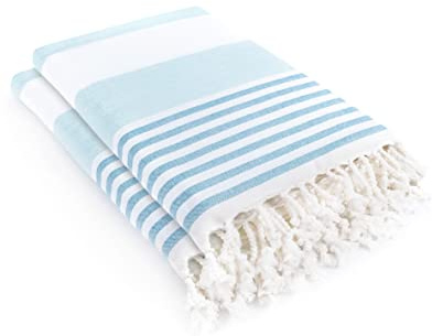 LAYNENBURG Set de 2 Serviettes de Plage en Éponge avec Franges - 100% Coton - Serviette de Fouta Hammam XXL 95x180 cm - Oeko-TEX 100 - Peshtemal Grande - Serviette de Sauna & Drap de Bain (Bleu)