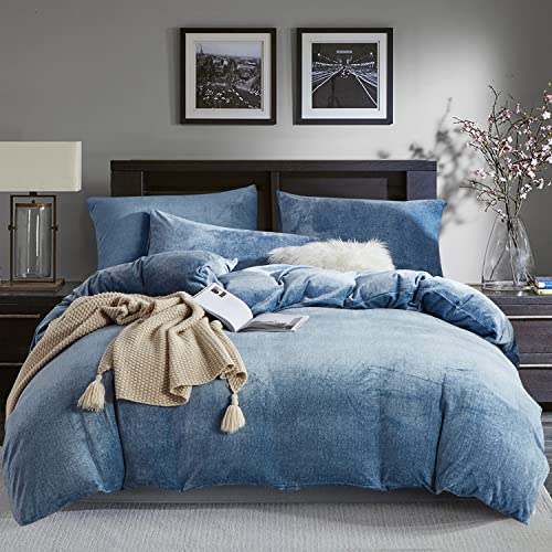 Boqingzhu Plüsch Bettwäsche Blau Dunkelblau 135x200cm Nicky Teddy Fleece Flauschige Bettwäsche Set Cashmere Touch Winter Warm Kuschelig Bettbezug 135x200cm mit Reißverschluss und Kissenbezug 80x80cm