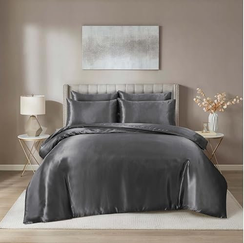 Hadi London Satin Silk 6 Piece Complete Bedding Set with Silky Deep Fitted Sheet Reversible Duvet Cover Comforter & 4 Pillowcases for Single Double King Super King Size Bed (Silver, King)