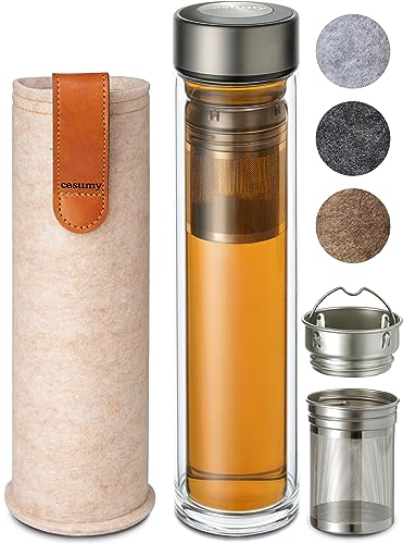 Cosumy Botella de Té con Infusor 500 ml - Vidrio de Doble Pared con Funda de Fieltro - Resistente al calor - A Prueba de Fugas - Apta para Lavavajillas (Beige)