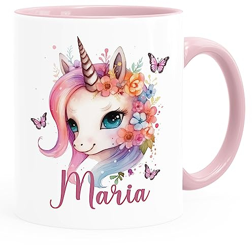 SpecialMe® Kindertasse personalisiert mit Namen Einhorn Aufdruck personalisierte Namenstasse aus Keramik für Kinder Mädchen weiss-innen-rosa standard