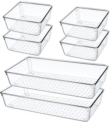 6 Piezas Organizador Cajones Cocina Baño Transparente, 30cm con 2 Tamaños Organizadores de Cajones Plastico Grande, Cajas Organizadoras Baño para Cubiertos, Maquillaje, Tocador, Escritorio Cajones