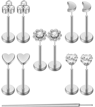 Uni-J 10pcs 18G Threadless Push-in Tragus Conch Cartilage Flat Back Helix Labret Monroe Lip Ring Daith Piercing Jewelry