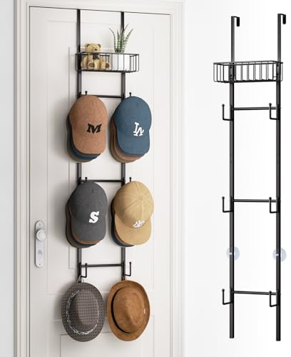 HapiRm Over Door Hat Rack - Wall Mounted Hat Organizer with 6 Hooks and Metal Basket Design, Baseball Cap Organizer Storage Holder Up to 32 Caps for Door, Bedroom, Closet (Black)