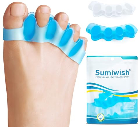 Sumiwish Toe Separators & Toe Spacers - 4 Pairs (Blue and Clear) - Soft Toe Straighteners for Bent Toes - Silicone Toe Separators for Overlapping Toes, Plantar Fasciitis, Hammer Toes & Claw Toes - M