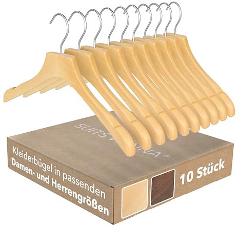 SUITS VIENNA® Kleiderbügel Holz für Damen 38 cm | 10 Stück | Kleiderbügel stabil und körpergeformt aus nachhaltigem Massivholz | Exklusiver Kleiderbügel für Blusen, Knitwear und Mäntel (Damen - 38 cm)
