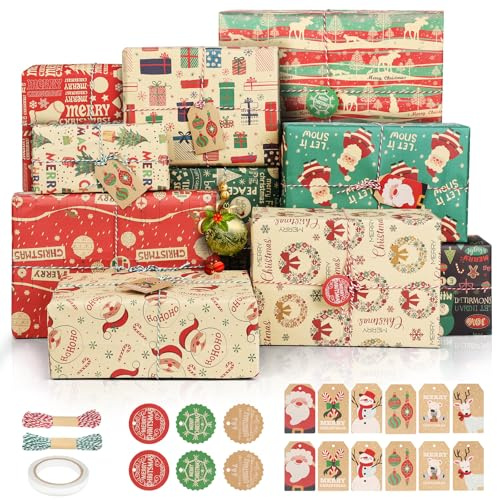 Carta Regalo Natale, Disegni di Carta Natalizia Include Etichette e Spago, 10 Disegni di Carta da Regalo Natalizio Kraft Vintage Carta da Regalo per Natale 70X50CM
