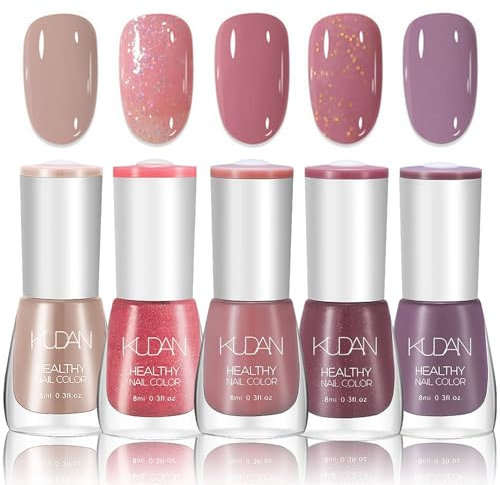 Nail Polish Sets, 5 Colors All Season Nail Varnish Kit Nude Pink Purple Glitter Gel Nail Polish Set, Pastel Milky Holographic Nail Gel Nail Art DIY Manicure Home for Women - No Need Lamp Cure