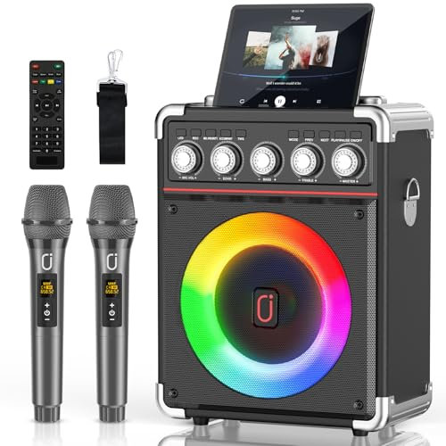 Máquina de karaoke con 2 micrófonos inalámbricos, altavoz Bluetooth 5.3 con ajuste de graves/agudos/eco, sistema PA con control remoto y luces RGB, compatible con tarjeta TV/TF/USB/AUX/Live/REC para