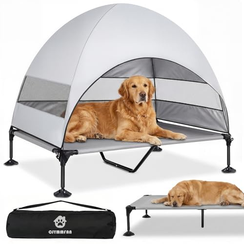 Upphöjd hundsäng utomhus med tak, hundbädd vikbar med halkfria fötter, hundtält utomhus med stor skugga, kylande höjd hundsäng för camping, trädgård, strand & pool (Grå, XL)