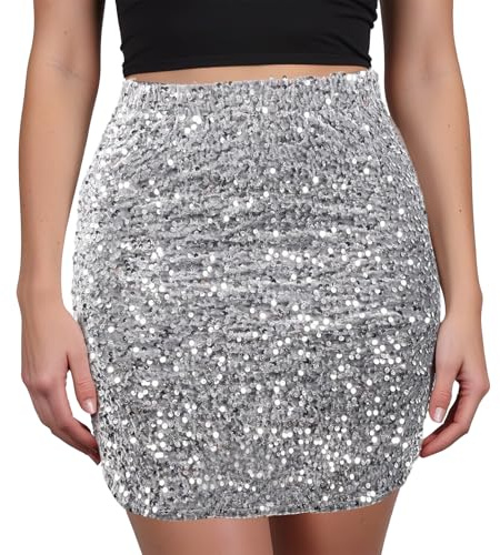 Sahunfri Falda Lentejuelas Mujer, De Cintura Alta Elástica Una Línea de Cadera Faldas Lentejuelas para Festival Rave Party, Dance (FR/ES, Letras, XL, Regular, Regular, Gris Plata)