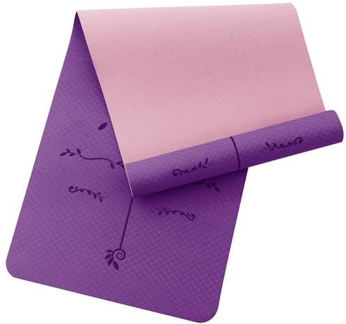 Narwhal Yogamatte mit Ausrichtungslinien Rutschfeste Yoga Matte Sportmatte für Fitness & Pilates Gymnastikmatte 6mm Dicke Umweltfreundliches TPE Material 183x61cm (Dunkelviolett/Rosa, 6mm)