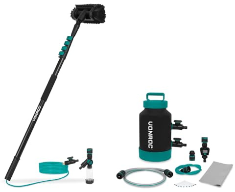 VONROC Set Spazzola di Lavaggio Telescopica 4,60m + Addolcitore d’Acqua Portatile 5L – Pulizia pannelli solari, auto, camper e superfici alte – Con tubo, dispenser sapone e accessori inclusi