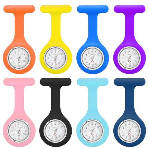 LEKEFETO Juego de 8 relojes de enfermera, reloj de enfermera con clip, funda de silicona higiénica y movimiento de cuarzo preciso, esfera giratoria para enfermeras, médicos, 8 colores, carbón