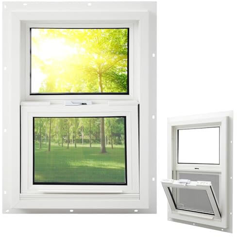 Pushglossy 14 x 21 Mobile Home Window Insulated Vinyl Low E Mobile Home Windows Replacement, Lower Tilt Sash Screen Included, Clear Double Pane Glass, Single Hung for House Basement Parts, White