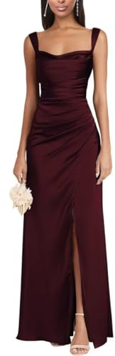 Eittvisy Women's Spaghetti Straps Satin Prom Dress Long Square Neck Bridesmaid Dress with Slit Burgundy