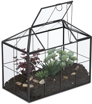 Relaxdays Terrario Piante, Mini Serra in Vetro e Zinco, Teca per Piantine Grasse e Muschi, Vaso Ecosistema Chiuso, Nero, 20x24,5x13,5 cm