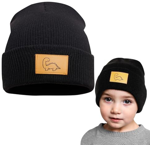 KASESSS Negro De Punto Gorros NiñO Invierno, Gorro con DiseñO De Parche De Dinosaurio CáLido Y CóModo EláStico Gorro Invierno NiñO Suave Beanie Hat para Uso Diario Winter Hat