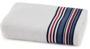 Tommy Hilfiger - Asciugamano da bagno, bianco, spugna boucle, 480 g/m², 100% cotone, bordo tessuto a righe, leggero e assorbente