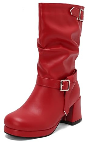 Bviennic Bottines Femme Talon Bloc Moyen Avec Plateforme Décontractée Bout Rond a Enfiler Slouch 2714 Rouge Taille 34 Eu