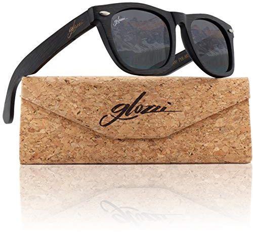 glozzi Bambus Holz Sonnenbrille für Damen & Herren - Polarisierte & Verspiegelte Brillengläser UV 400 Kategorie 3 - Mit Brillenetui aus Kork - Schwarz