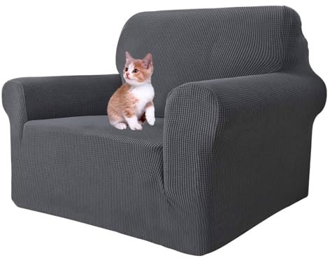 MAXIJIN Super Stretch Chair Covers for Living Room, 1-Piece Universal Chair Slipcover with Arms Jacquard Spandex Chair Protector Dogs Pet Friendly Sofa Couch Armchair Cover (1 Seater, Grey)