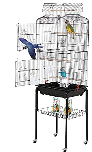 BestPet 64 inch Wrought Iron Bird Cage for Parakeets Medium Small Parrots Parakeet Cage with Detachable Rolling Stand & Play Open Top for Cockatiels Lovebird Finches Canaries (Black)