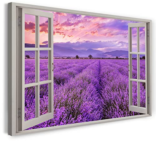 Print on Canvas (120x80 cm) View from the window - Sunset Flowers Purple Field - Nature photography, real wood frame with hook